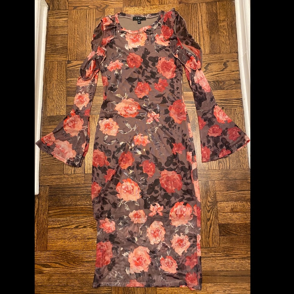 Brown floral cold shoulder midi dress